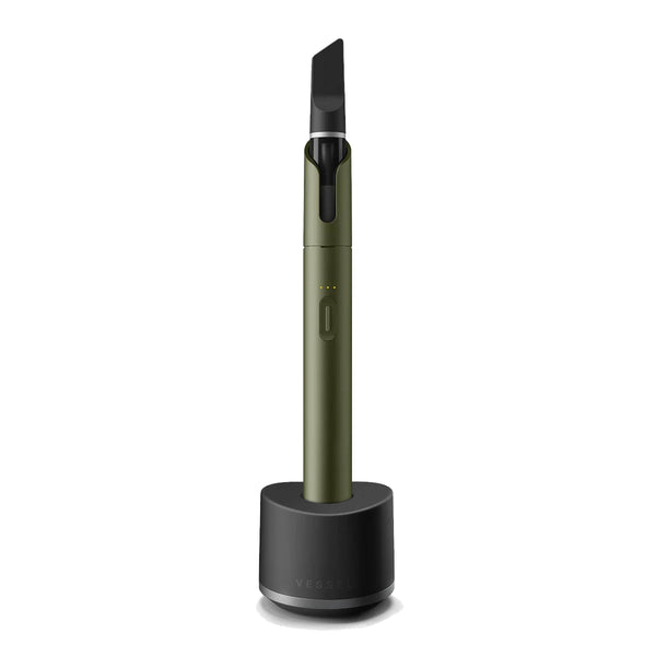 Olive Vista Vape Pen with CBD Vape Cartridge, connected to a Base Charging Stand 
