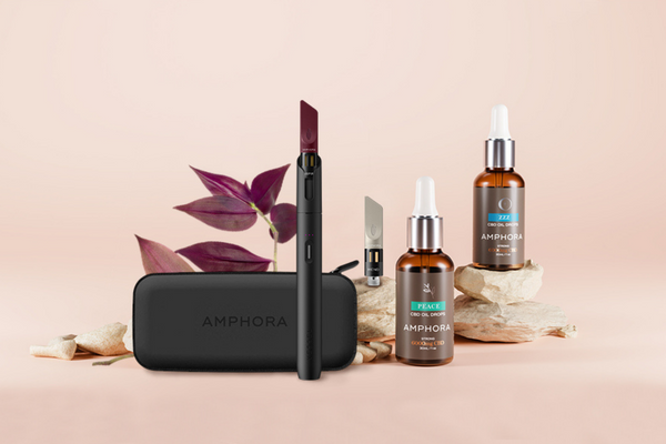 Infused Amphora CBD vape oil, CBD oil drops and CBD vape pens and accessories, on a pink background