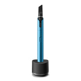 Electric Blue Vista Vape Pen with CBD Vape Cartridge, connected to a Base Charging Stand