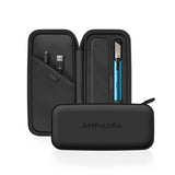 Open Black Amphora Vape Pen Case containing a Chrome Vista Vape Pen connected to a MEND Infused CBD Vape Cartridge and a Magnetic Charging Cable.