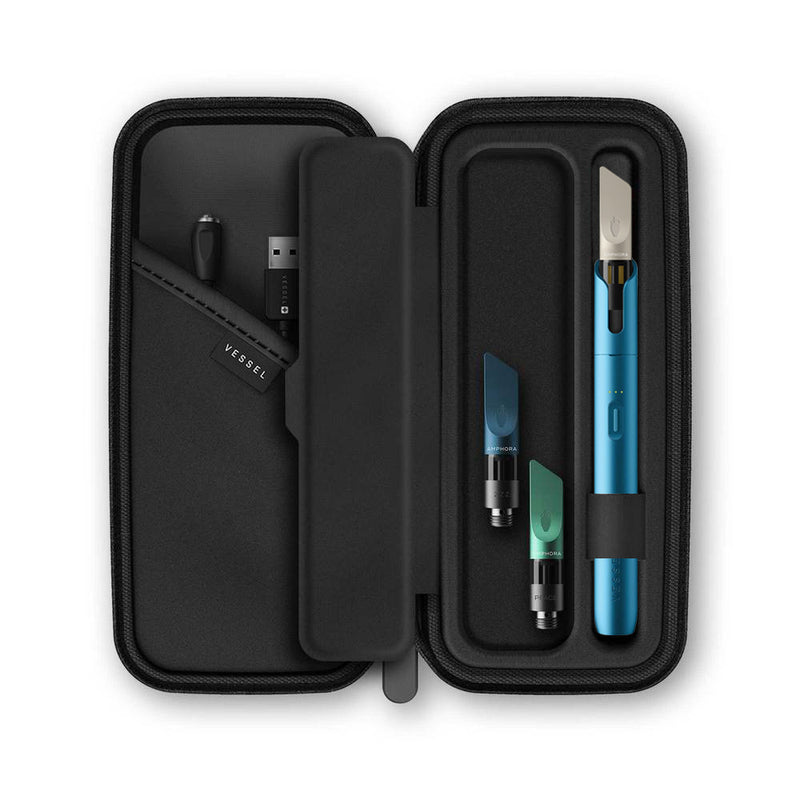 Open Black Amphora Vape Pen Case containing a Chrome Vista Vape Pen connected to an INSPIRE Infused CBD Vape Cartridge, a PEACE Infused CBD Vape Cartridge, a ZZZ Infused CBD Vape Cartridge, and a Magnetic Charging Cable