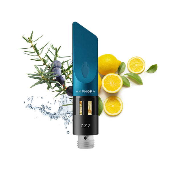 ZZZ CBD Vape Cartridge in front of lemons, Juniper flowers, and forest rain water 